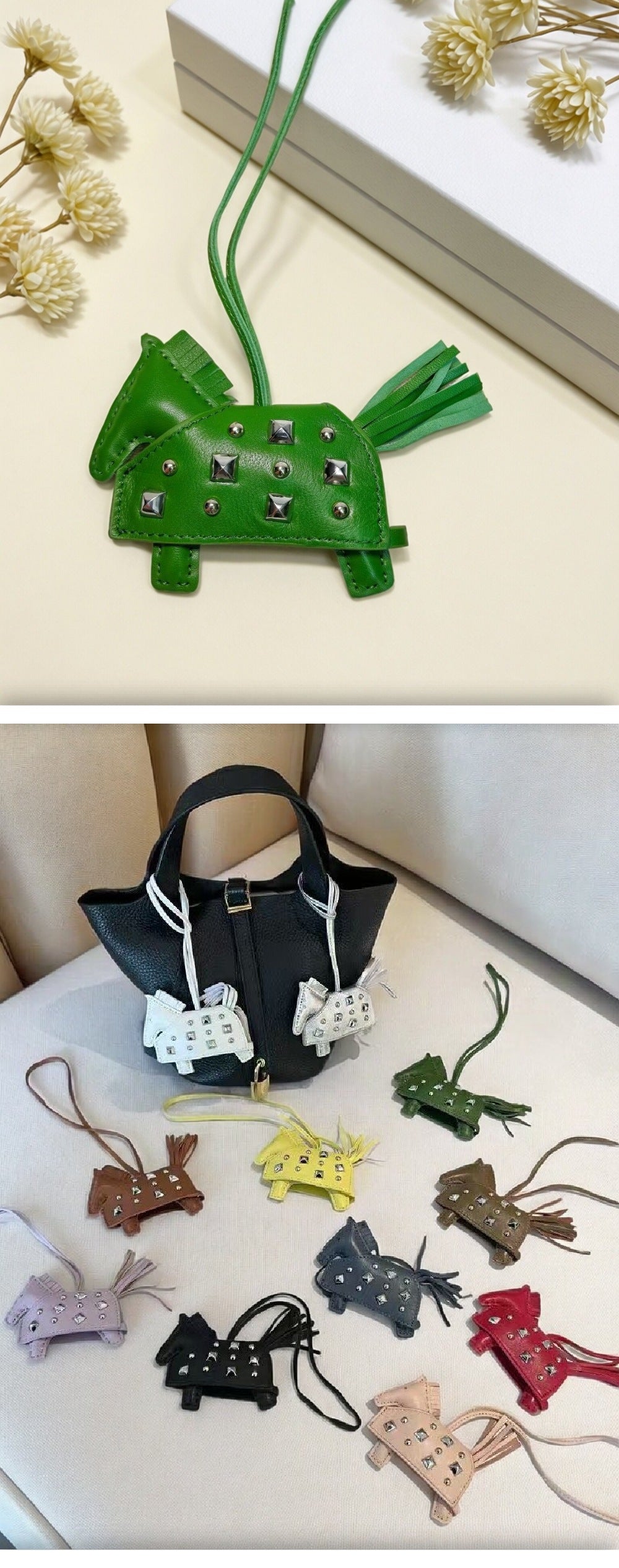 H-Style Handmade Sheepskin Leather Studded War Horse Pendant / Bag Charm / Car Hanging Ornament / Keychain Pony Bag Charm (for wholesale) 