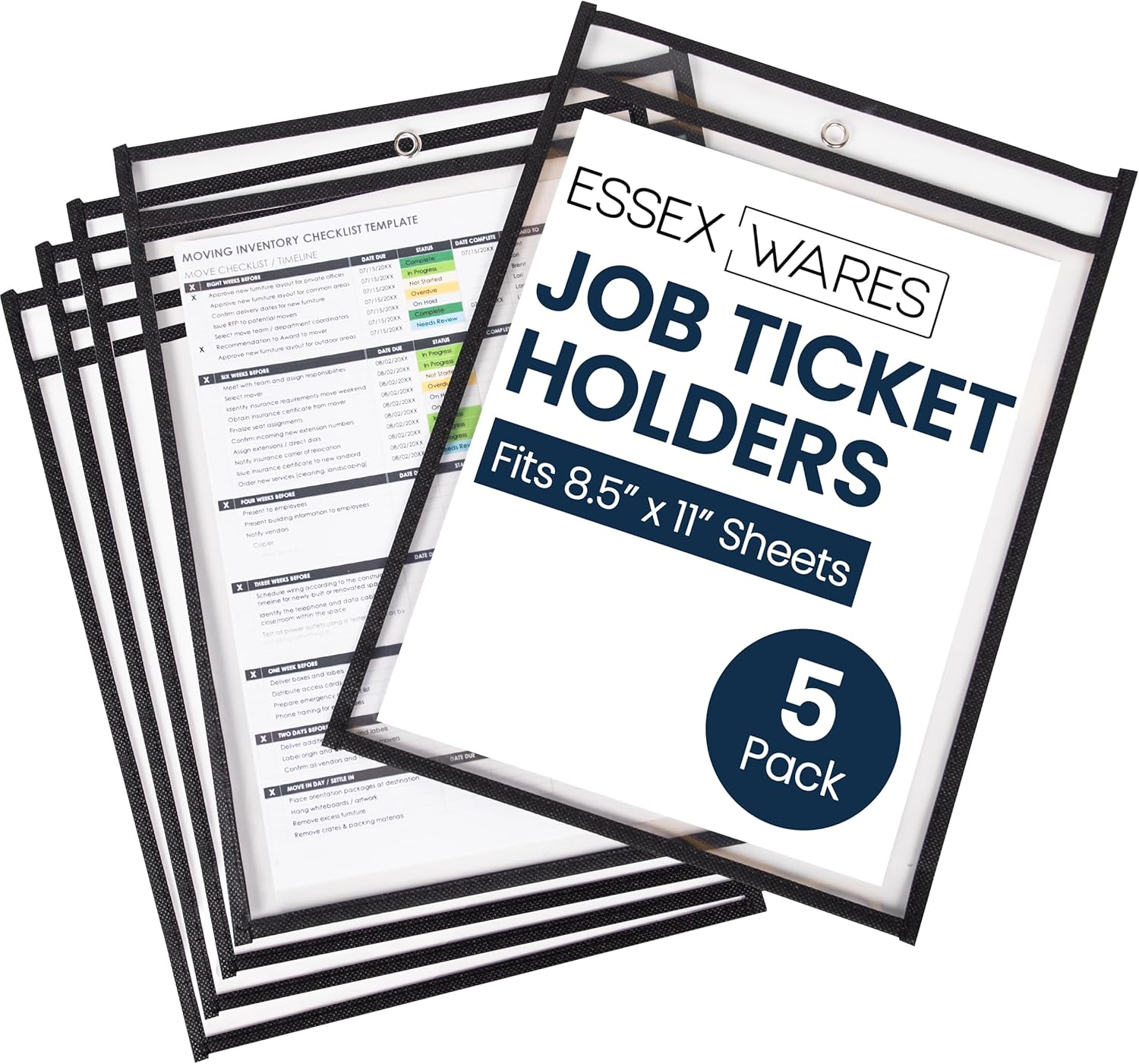 LAPOLAR Ticket Pouches - 5 Pack, Black, Job Ticket Holders, 10" Wide x 13.5" Tall - Clear Plastic Shop Ticket Holders - Easy to Use, Reusable & Easy Erase Plastic Invoice Holders, Water-Resistant & Durable
