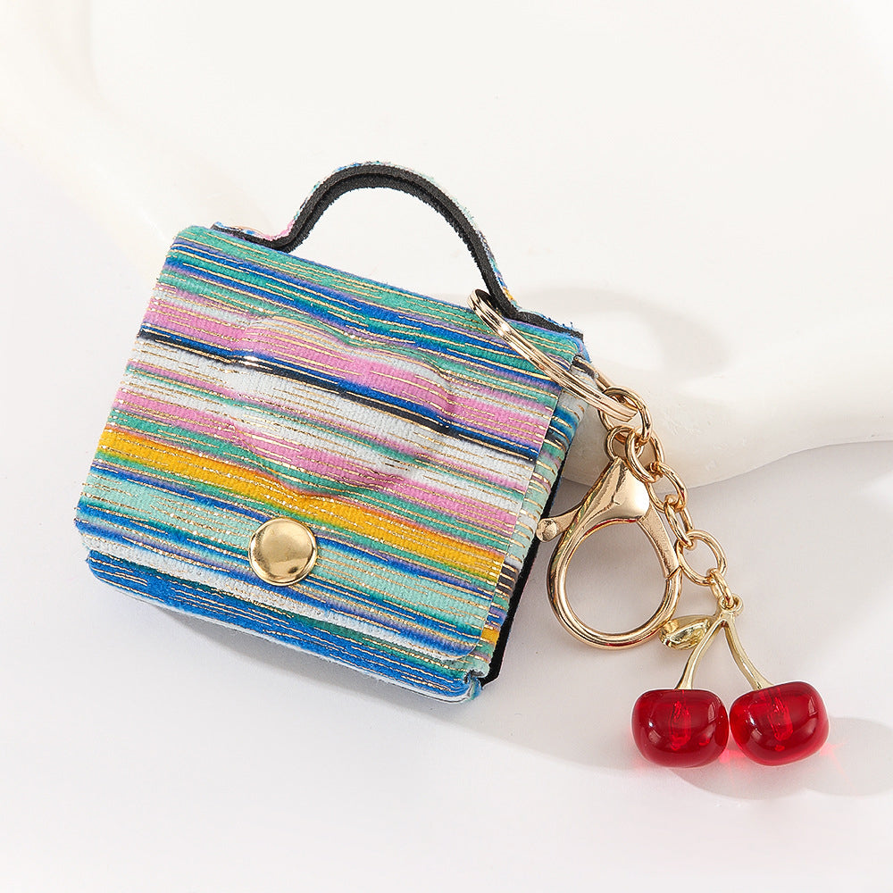 Wholesale Customizable Denim & Leather Bag Charms - Cherry Embroidery, Striped Design, Unisex Bulk Order
