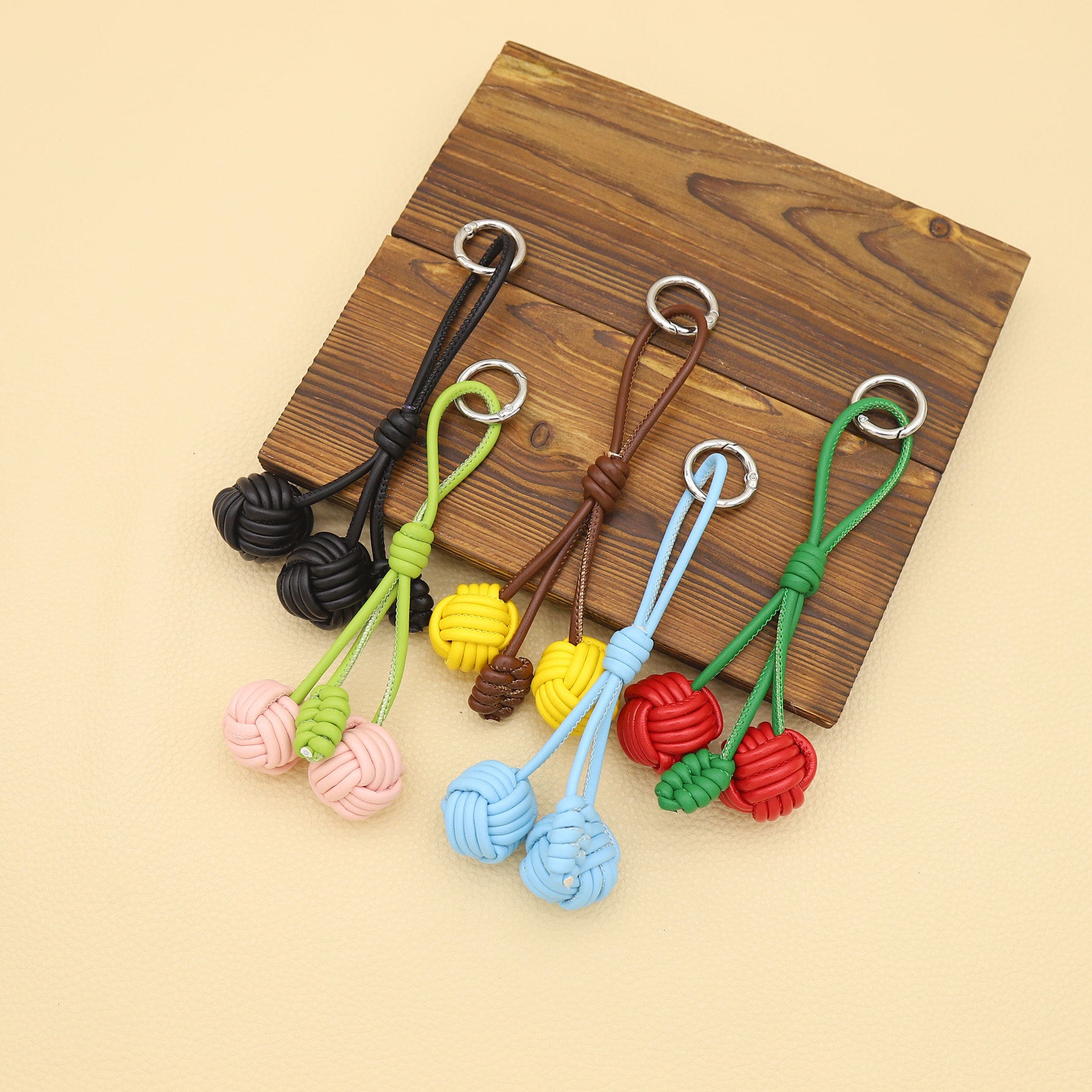 Handmade Customizable Keychain & Bag Charm: Miu-Style Woven Cherry & Two-Tone PU Ball Design