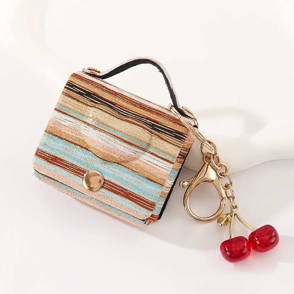 Wholesale Customizable Denim & Leather Bag Charms - Cherry Embroidery, Striped Design, Unisex Bulk Order