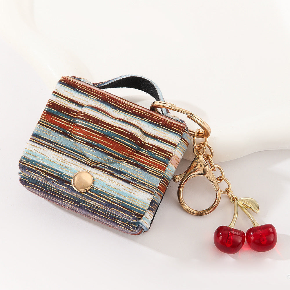 Wholesale Customizable Denim & Leather Bag Charms - Cherry Embroidery, Striped Design, Unisex Bulk Order