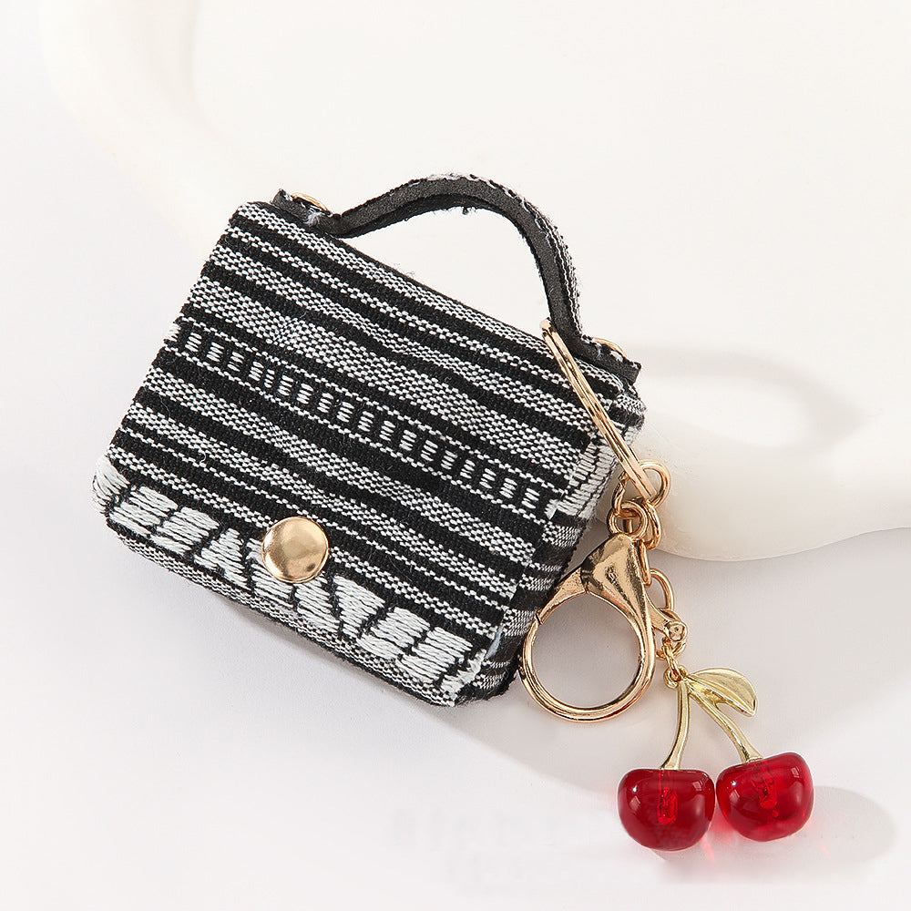 Wholesale Customizable Denim & Leather Bag Charms - Cherry Embroidery, Striped Design, Unisex Bulk Order