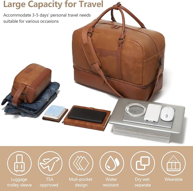 LAPOLAR Leather Travelling Bag Sets for Women Men Large Overnight Bag Travel Duffel Bag with Shoe Compartment Toiletry Satchel Bag Carry On Bag Fit 21" Laptop