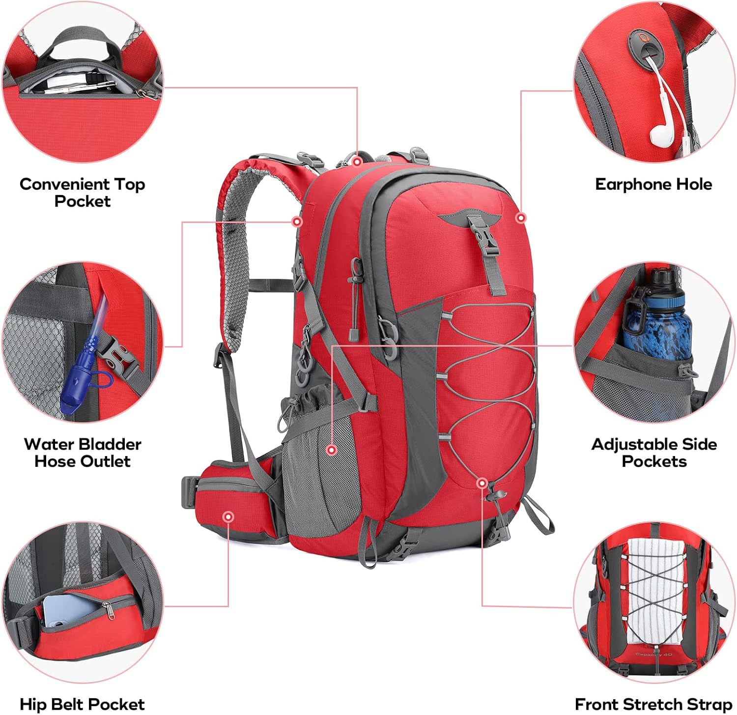 LAPOLAR Backpack,Camping Backpack,40L Waterproof Hiking Daypack with Rain Cover,Lightweight Travel Backpack,Red
