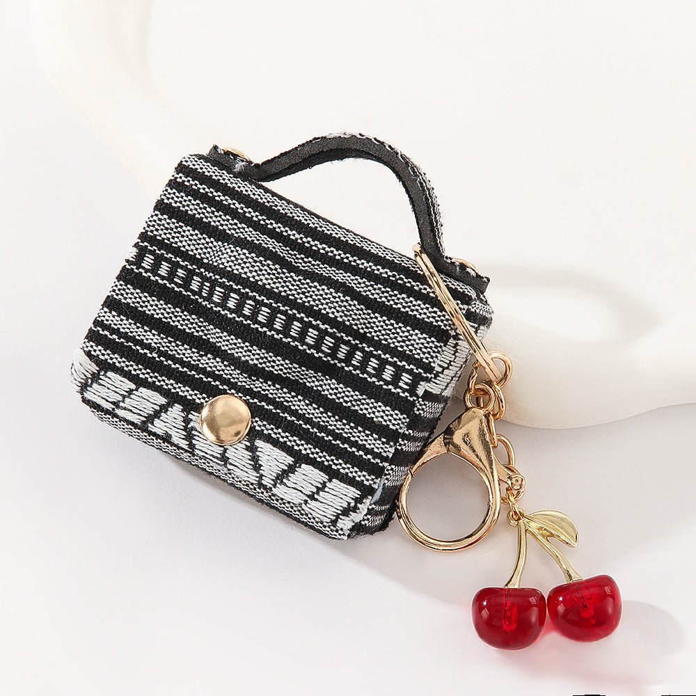 Wholesale Customizable Denim & Leather Bag Charms - Cherry Embroidery, Striped Design, Unisex Bulk Order