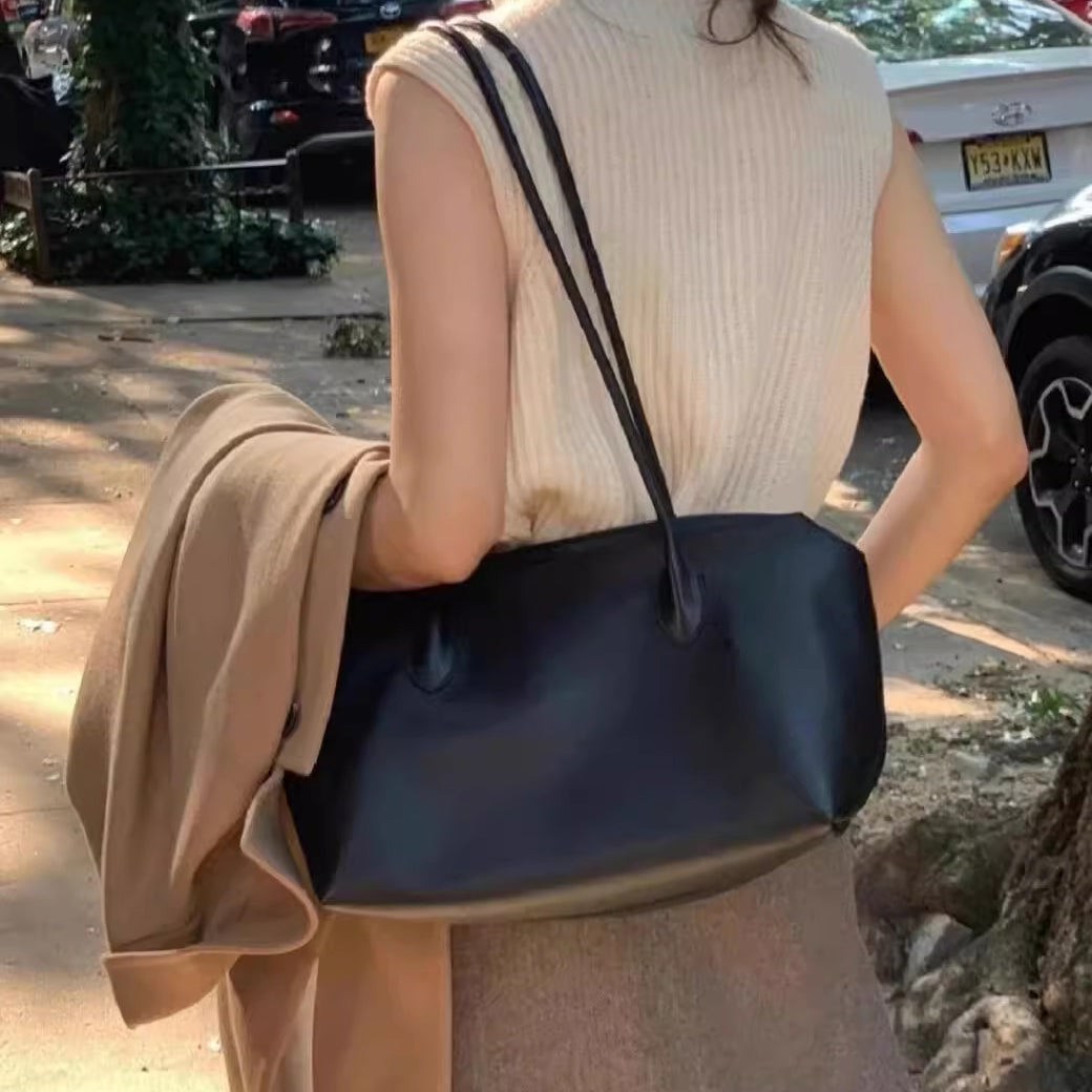 Row Minimalist Genuine Leather Tote Bag: Premium Large Capacity Work Bag with Top Handle & Detachable Shoulder Strap