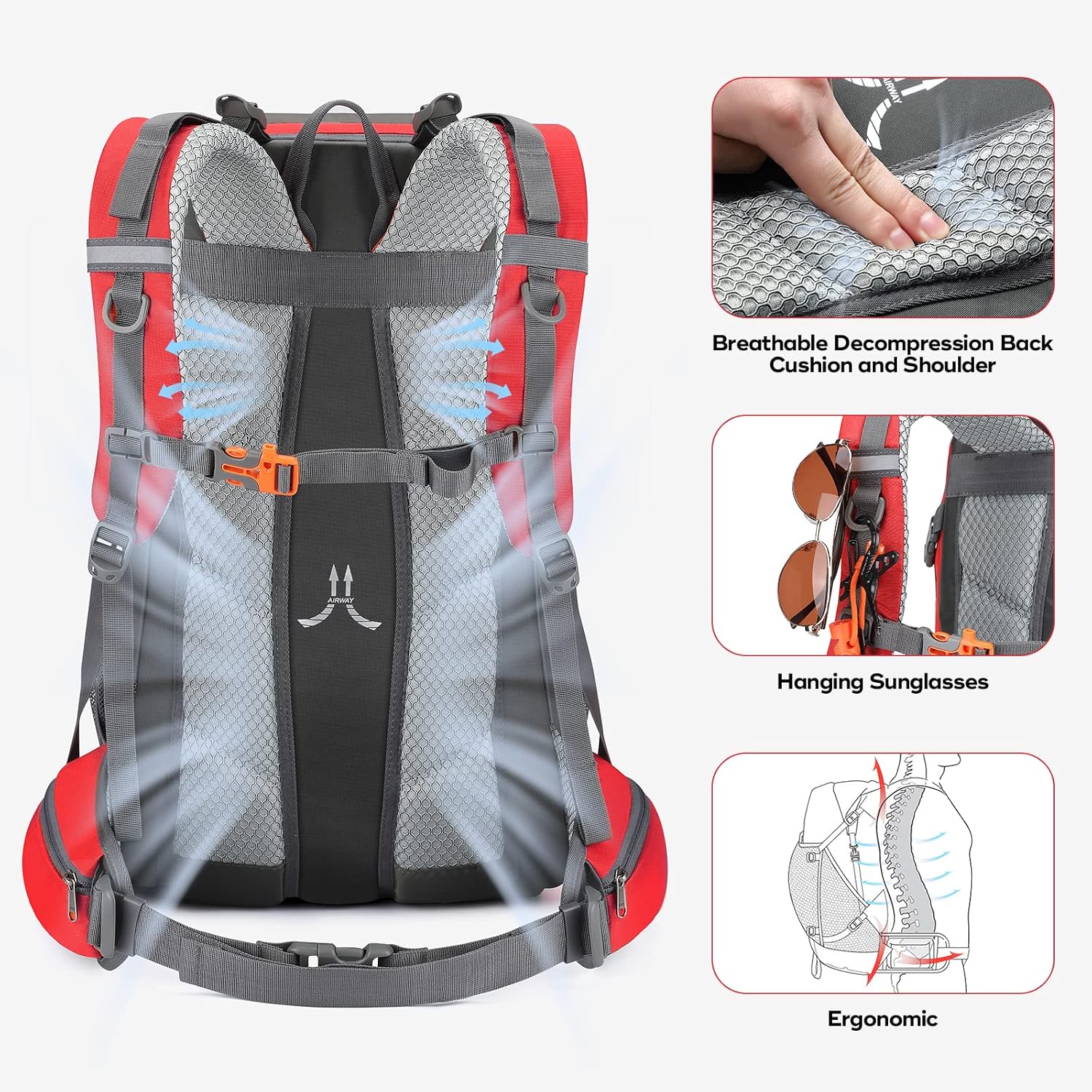 LAPOLAR Backpack,Camping Backpack,40L Waterproof Hiking Daypack with Rain Cover,Lightweight Travel Backpack,Red