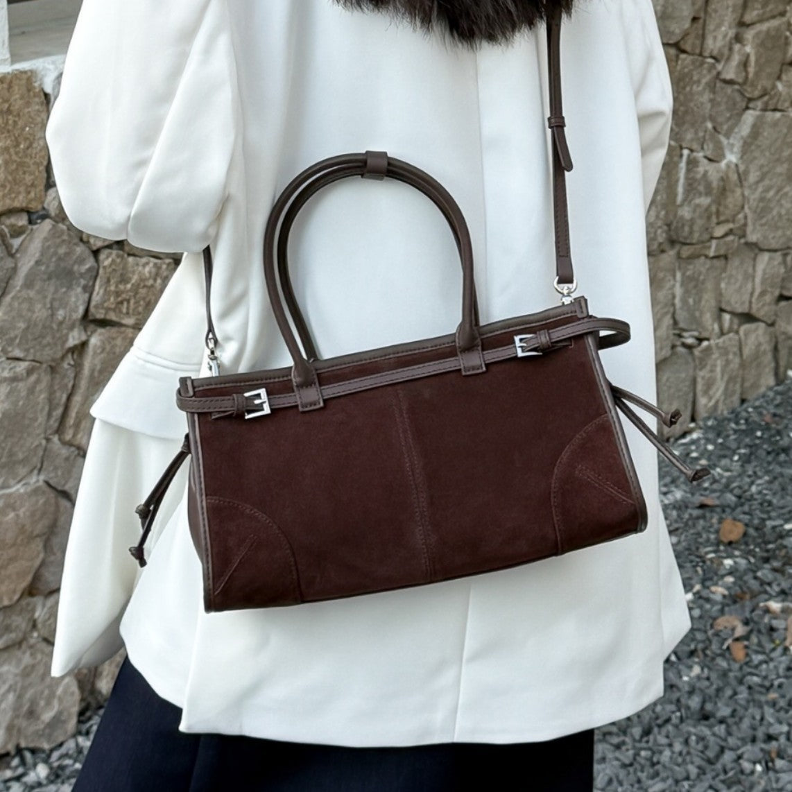 Suede Baguette & Boston Bag: Vintage European & American Style Genuine Leather Handbag for Women - Convertible Top-Handle & Underarm Purse