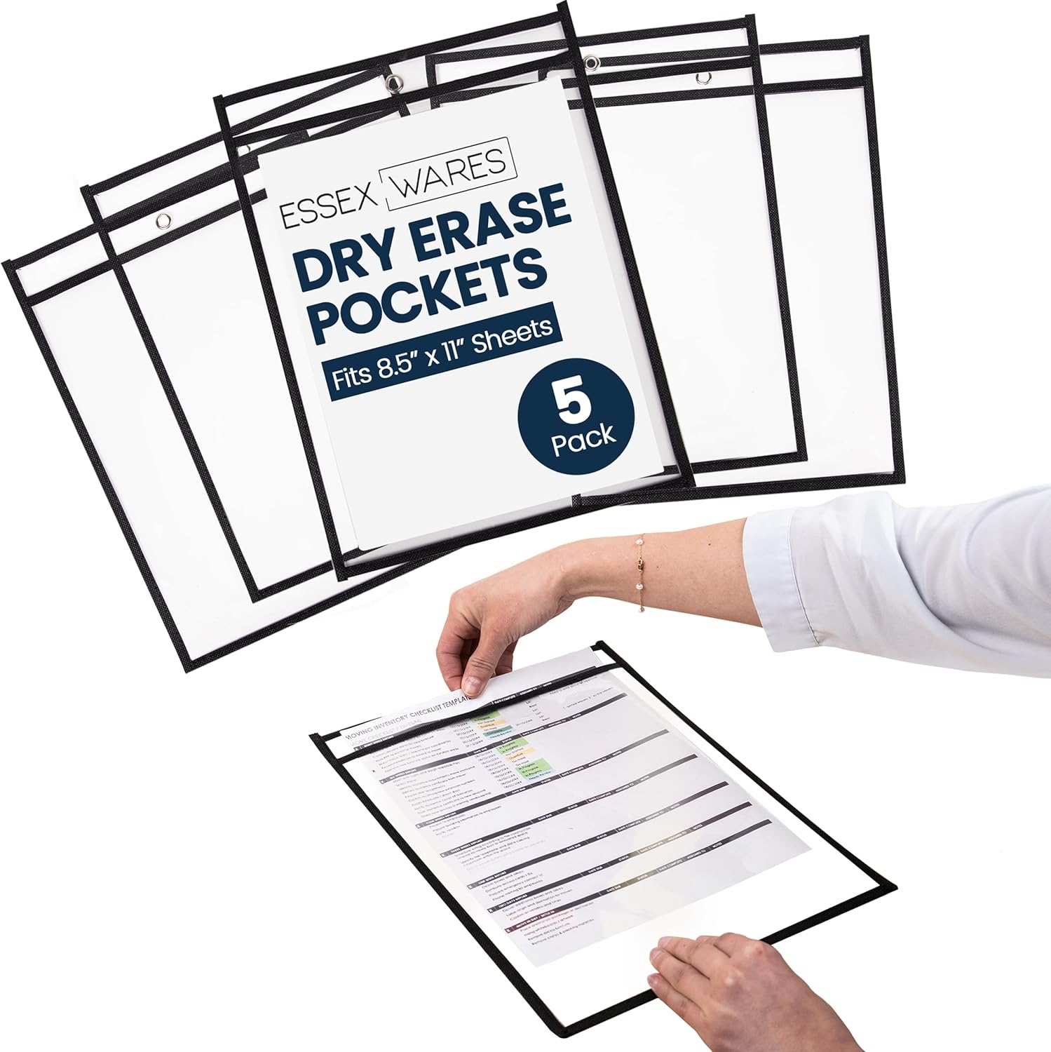 LAPOLAR Ticket Pouches - 5 Pack, Black, Job Ticket Holders, 10" Wide x 13.5" Tall - Clear Plastic Shop Ticket Holders - Easy to Use, Reusable & Easy Erase Plastic Invoice Holders, Water-Resistant & Durable