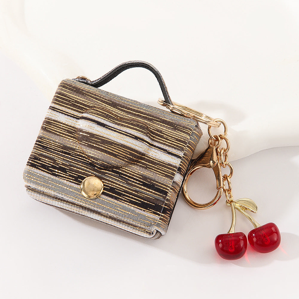 Wholesale Customizable Denim & Leather Bag Charms - Cherry Embroidery, Striped Design, Unisex Bulk Order