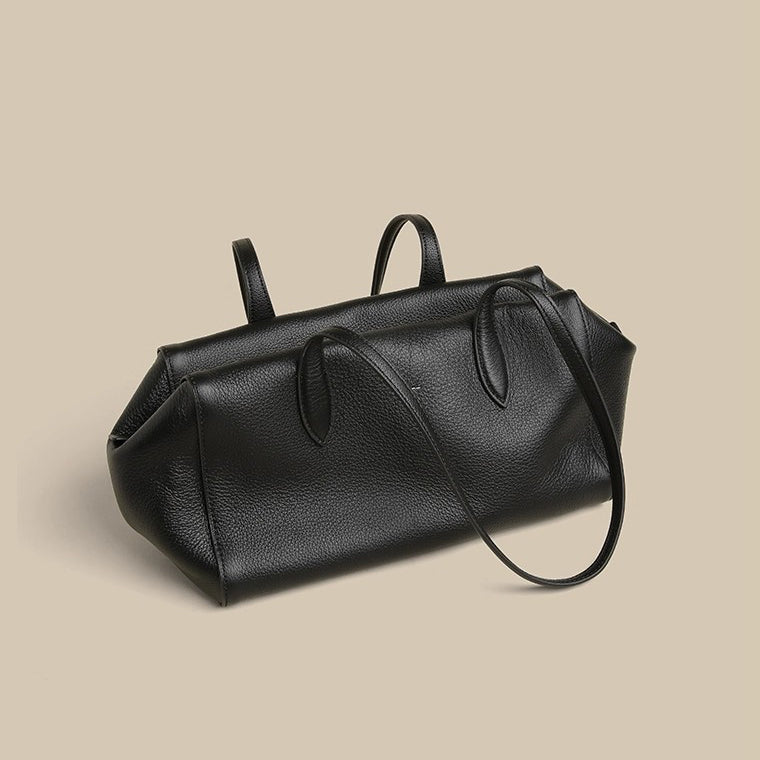 Korean Minimalist Full-Grain Leather Bag: Structured Underarm Tote & Boston Style Bag for Women – Versatile Top-Handle & Shoulder Work Bag
