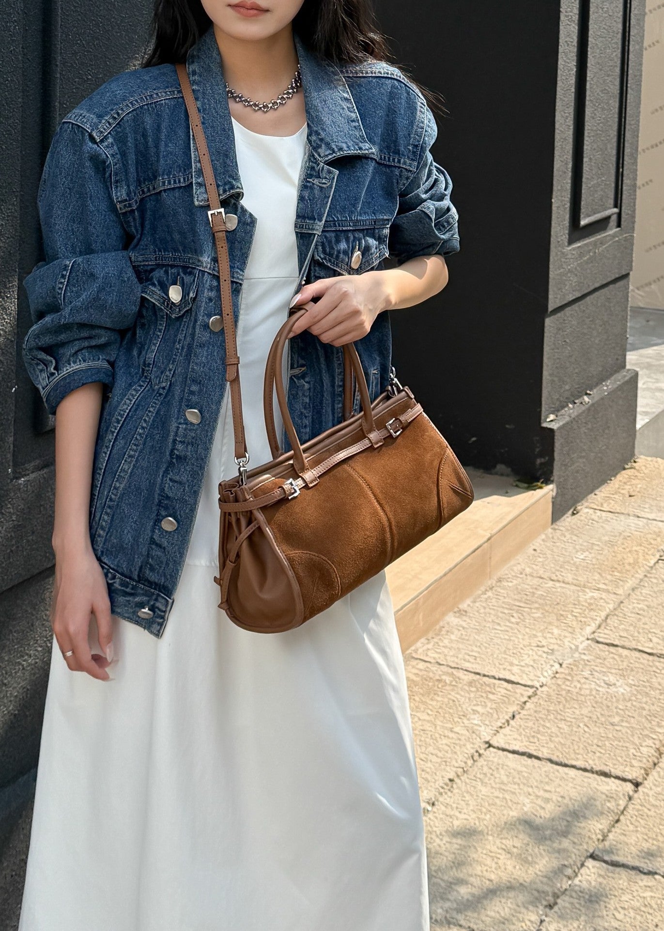 Suede Baguette & Boston Bag: Vintage European & American Style Genuine Leather Handbag for Women - Convertible Top-Handle & Underarm Purse