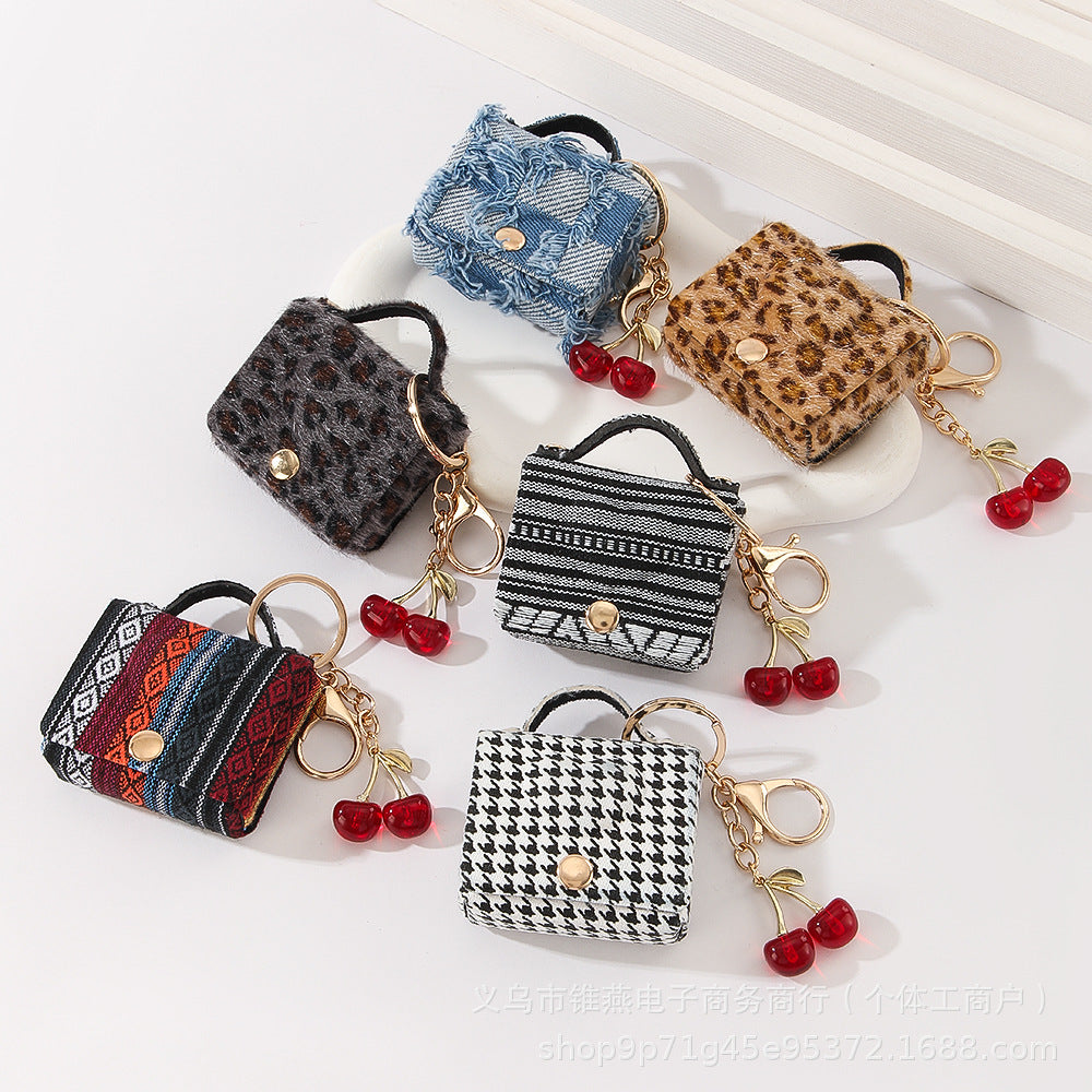 Wholesale Customizable Denim & Leather Bag Charms - Cherry Embroidery, Striped Design, Unisex Bulk Order
