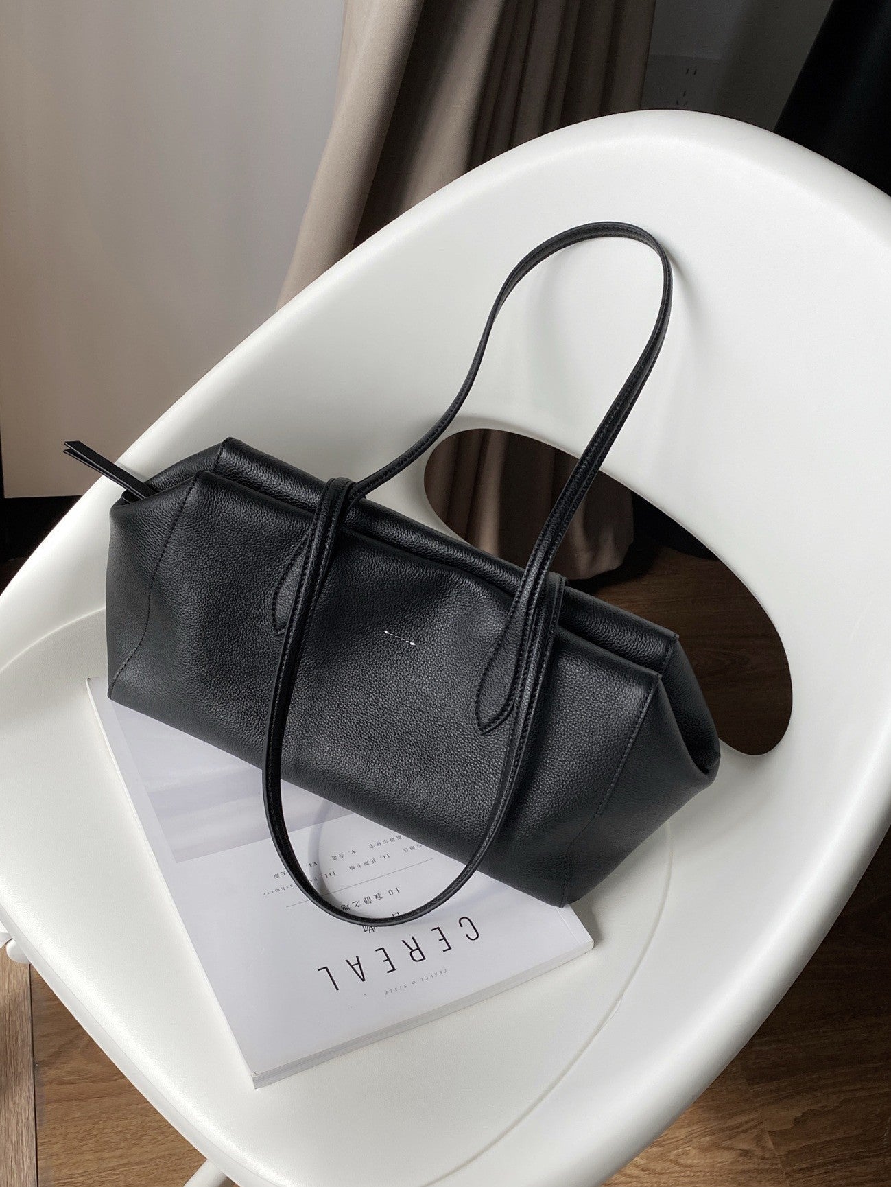 Korean Minimalist Full-Grain Leather Bag: Structured Underarm Tote & Boston Style Bag for Women – Versatile Top-Handle & Shoulder Work Bag