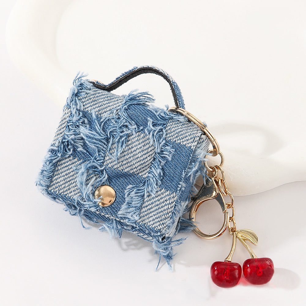 Wholesale Customizable Denim & Leather Bag Charms - Cherry Embroidery, Striped Design, Unisex Bulk Order