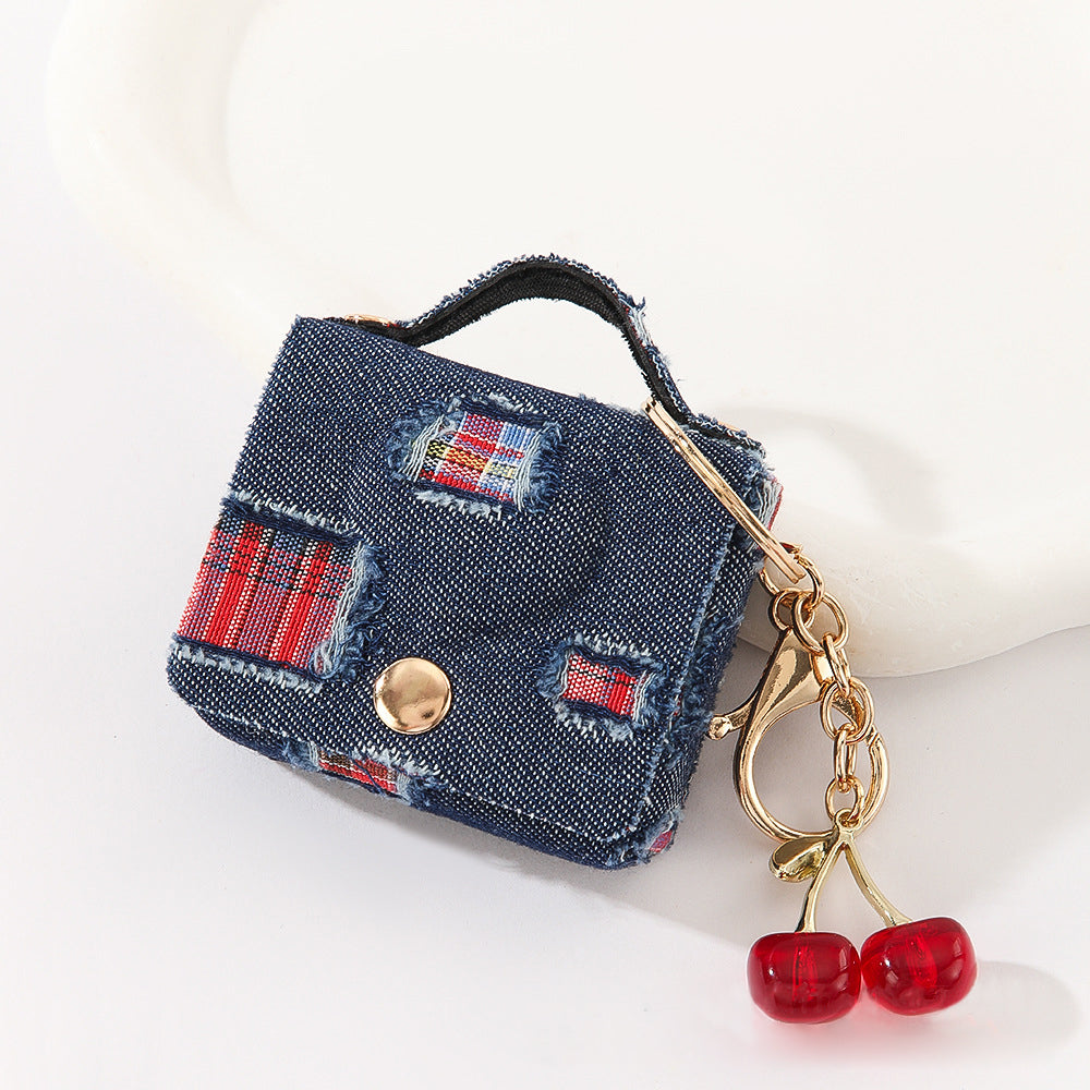 Wholesale Customizable Denim & Leather Bag Charms - Cherry Embroidery, Striped Design, Unisex Bulk Order