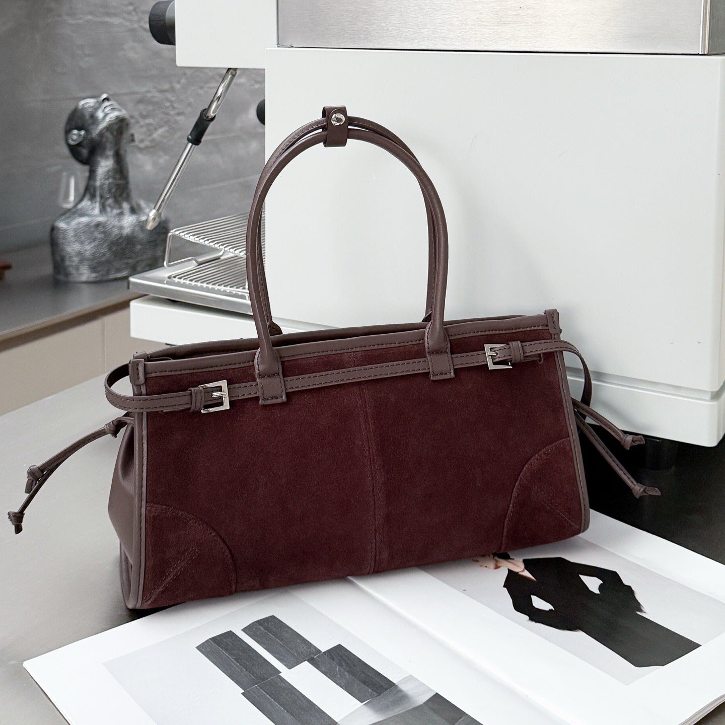 Suede Baguette & Boston Bag: Vintage European & American Style Genuine Leather Handbag for Women - Convertible Top-Handle & Underarm Purse