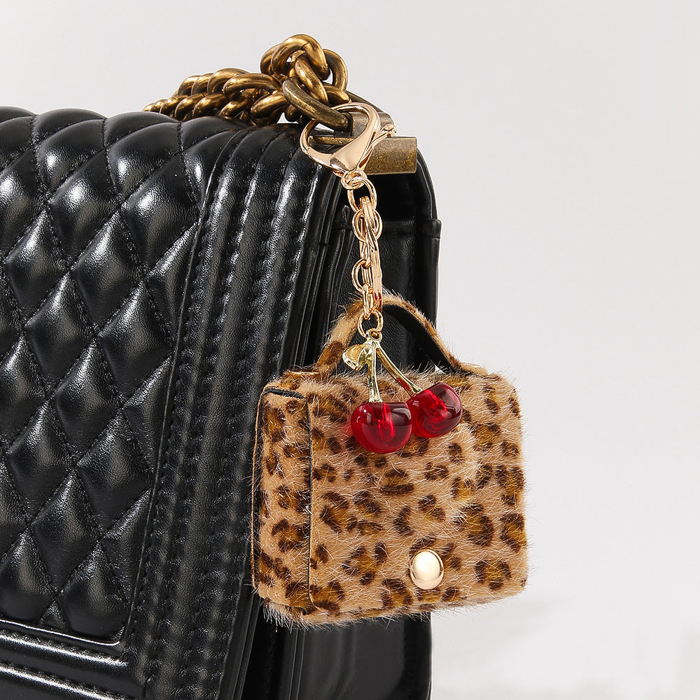 Wholesale Customizable Denim & Leather Bag Charms - Cherry Embroidery, Striped Design, Unisex Bulk Order