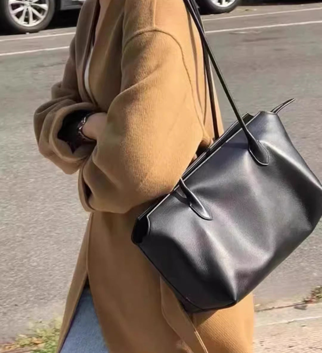 Row Minimalist Genuine Leather Tote Bag: Premium Large Capacity Work Bag with Top Handle & Detachable Shoulder Strap