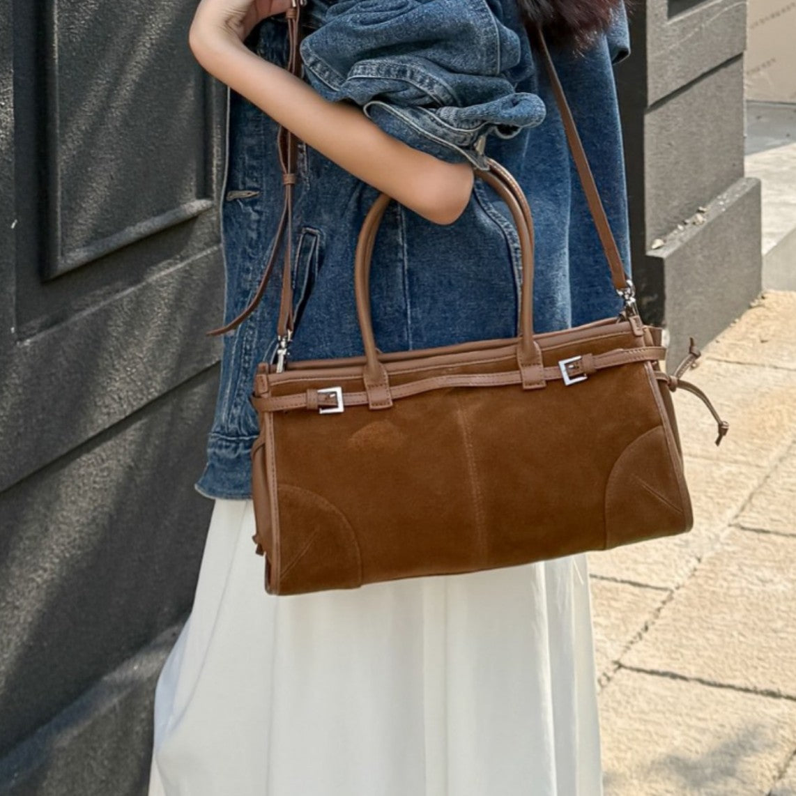 Suede Baguette & Boston Bag: Vintage European & American Style Genuine Leather Handbag for Women - Convertible Top-Handle & Underarm Purse