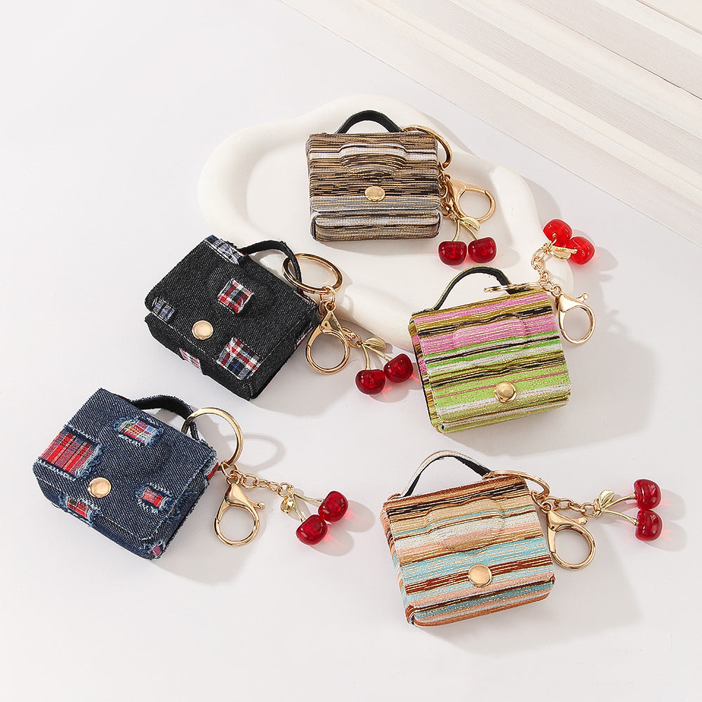 Wholesale Customizable Denim & Leather Bag Charms - Cherry Embroidery, Striped Design, Unisex Bulk Order