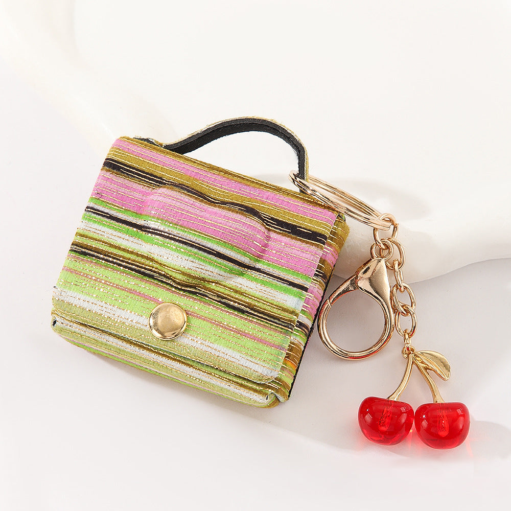 Wholesale Customizable Denim & Leather Bag Charms - Cherry Embroidery, Striped Design, Unisex Bulk Order