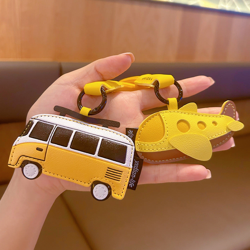 Creative Leather Keychain Transportation Pendant Transportation Cartoon Airplane Bus Leather Bag Pendant Small Gift