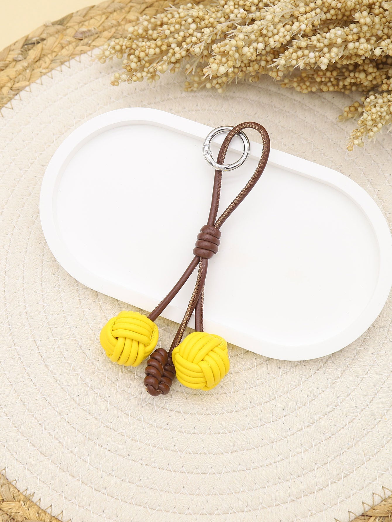 Handmade Customizable Keychain & Bag Charm: Miu-Style Woven Cherry & Two-Tone PU Ball Design