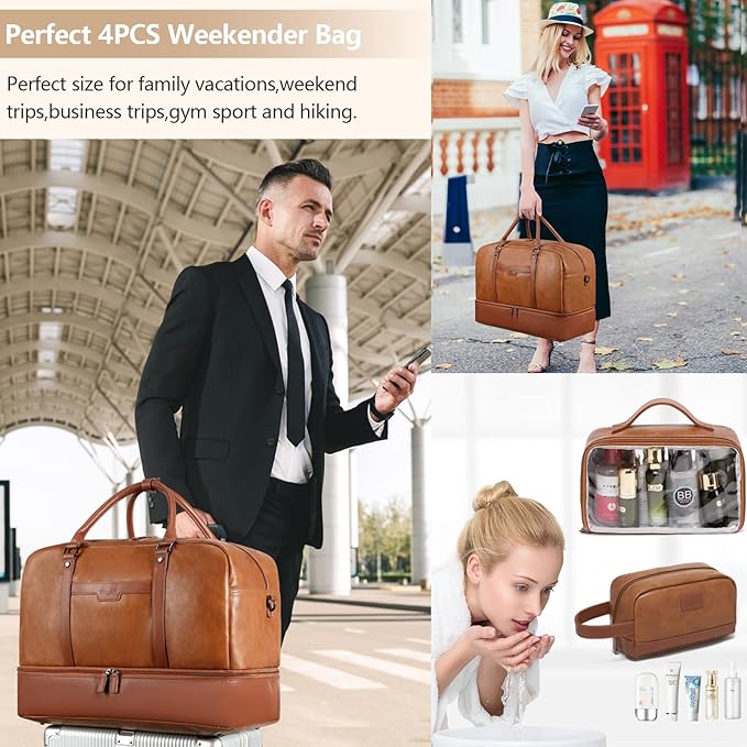 LAPOLAR Leather Travelling Bag Sets for Women Men Large Overnight Bag Travel Duffel Bag with Shoe Compartment Toiletry Satchel Bag Carry On Bag Fit 21" Laptop