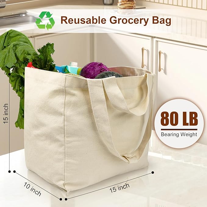 LAPOLAR Reusable Canvas Grocery Bags with Dual Handles, 3pc XL Set, Inner Pockets, Washable, Shrink Resistant, Heavy Duty, Foldable