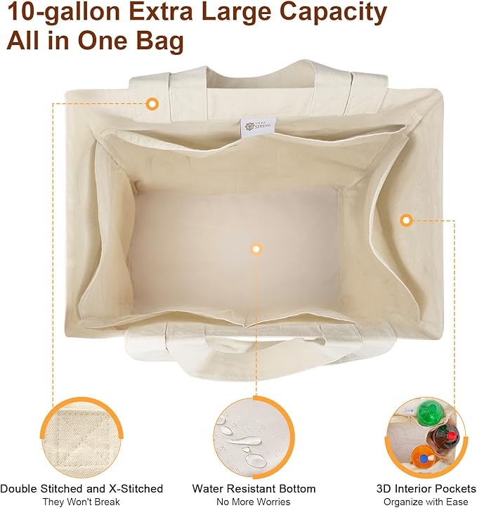 LAPOLAR Reusable Canvas Grocery Bags with Dual Handles, 3pc XL Set, Inner Pockets, Washable, Shrink Resistant, Heavy Duty, Foldable