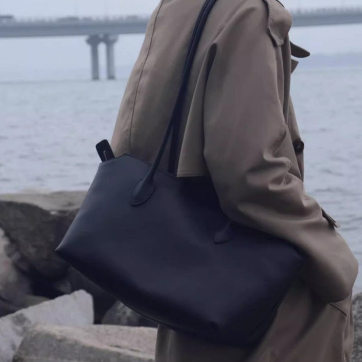 Row Minimalist Genuine Leather Tote Bag: Premium Large Capacity Work Bag with Top Handle & Detachable Shoulder Strap