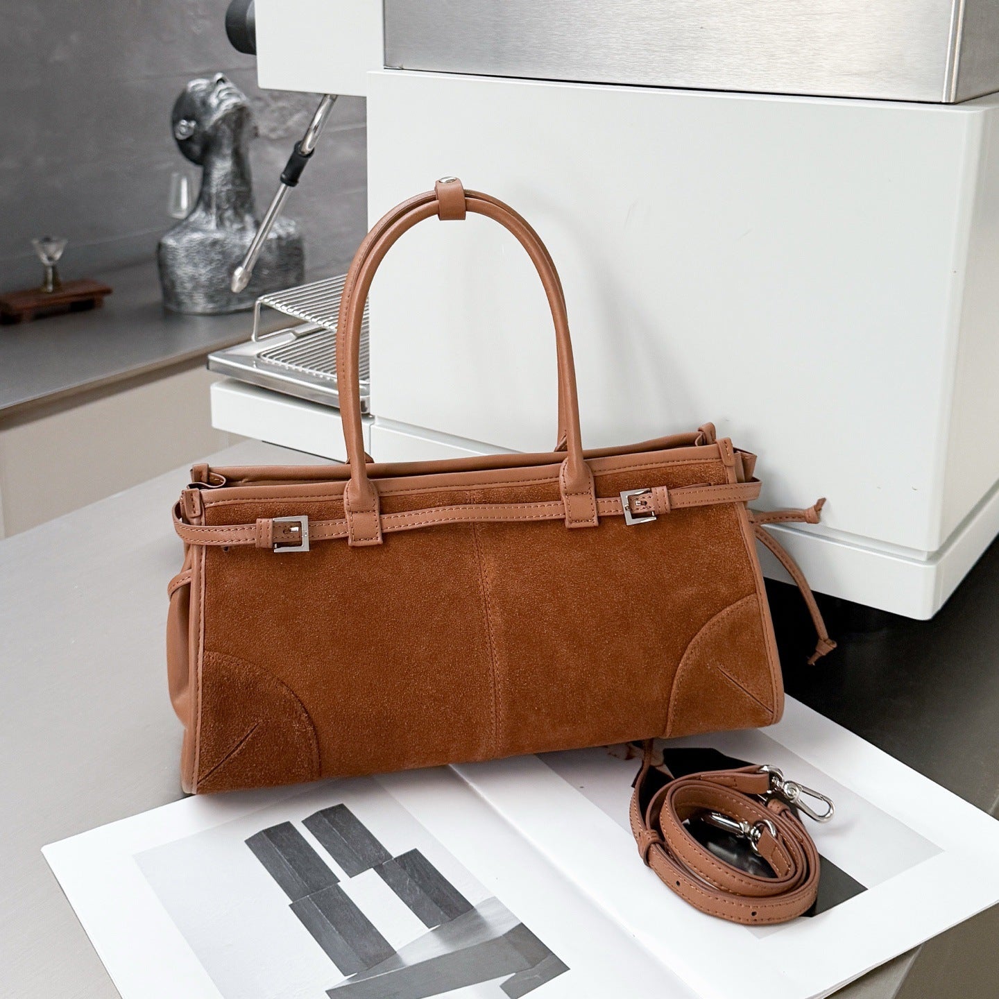 Suede Baguette & Boston Bag: Vintage European & American Style Genuine Leather Handbag for Women - Convertible Top-Handle & Underarm Purse