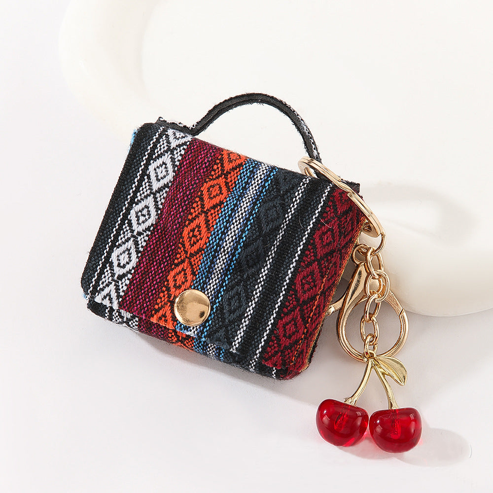 Wholesale Customizable Denim & Leather Bag Charms - Cherry Embroidery, Striped Design, Unisex Bulk Order