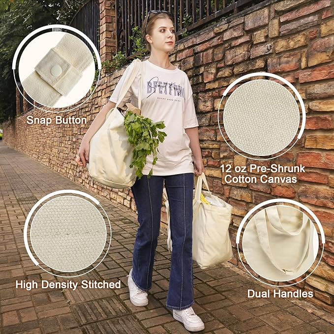 LAPOLAR Reusable Canvas Grocery Bags with Dual Handles, 3pc XL Set, Inner Pockets, Washable, Shrink Resistant, Heavy Duty, Foldable