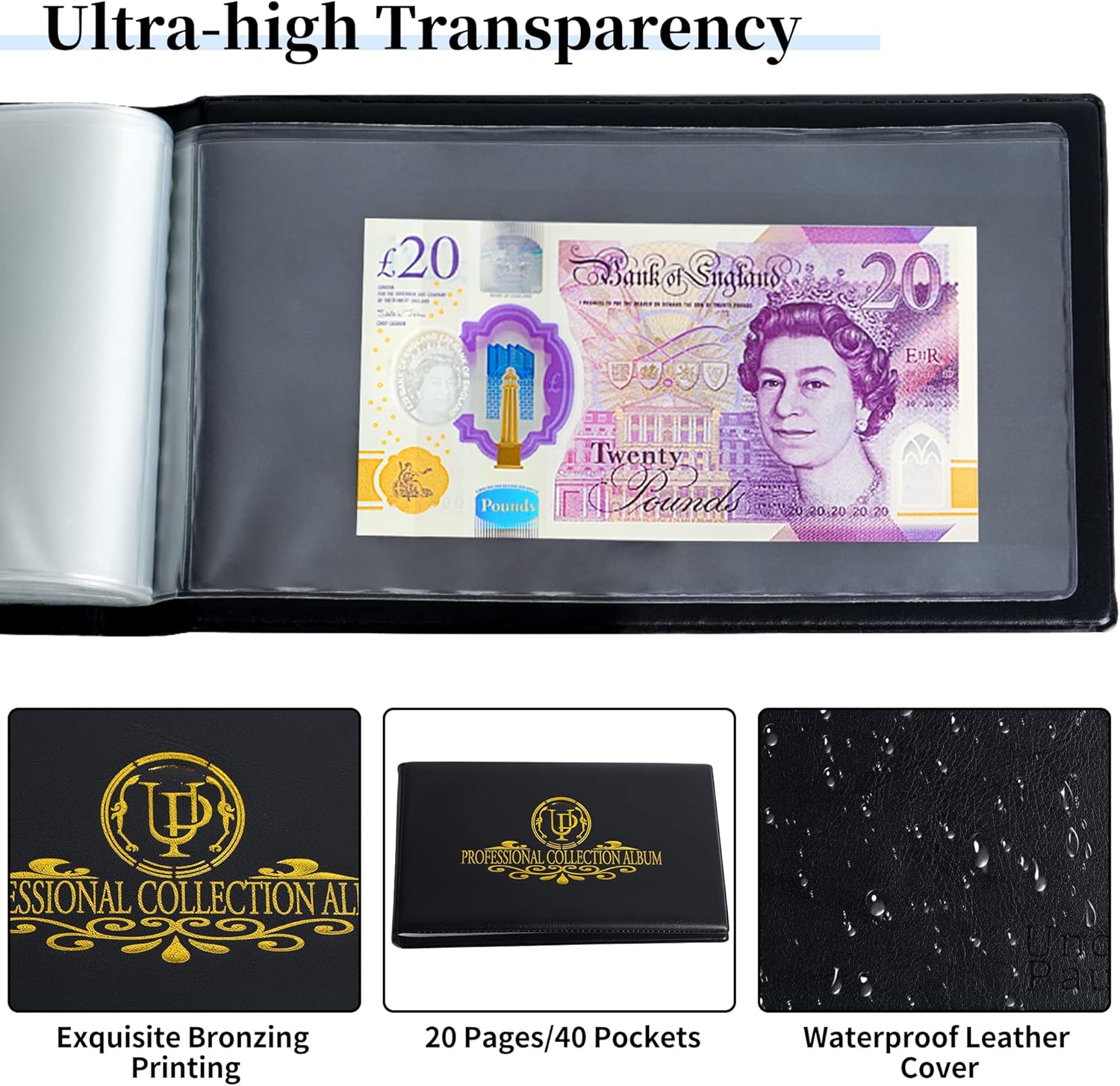 LAPOLAR 40 Pockets Banknote Currency Collecting Album - 20 Sheets Clear Dollar Bill Holders World Money Storage Book Collection Supplies Double-Sided Pages for Trading Cards Stamps Tickets Black