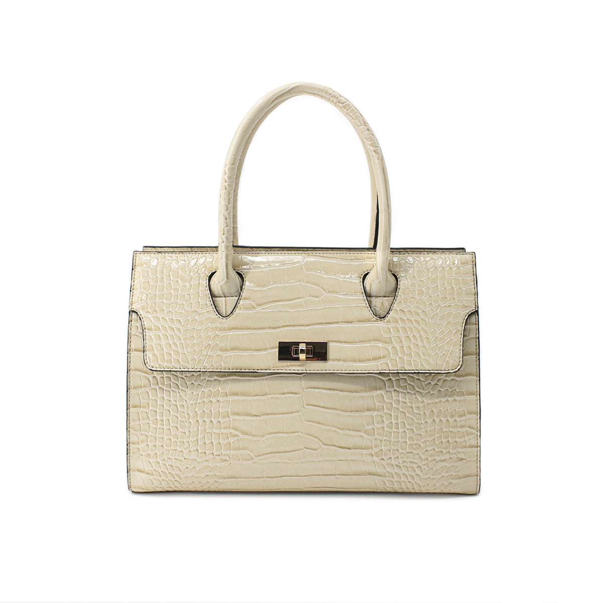 Crocodile Patterned Women's Beige Large Hand, Shoulder Bag