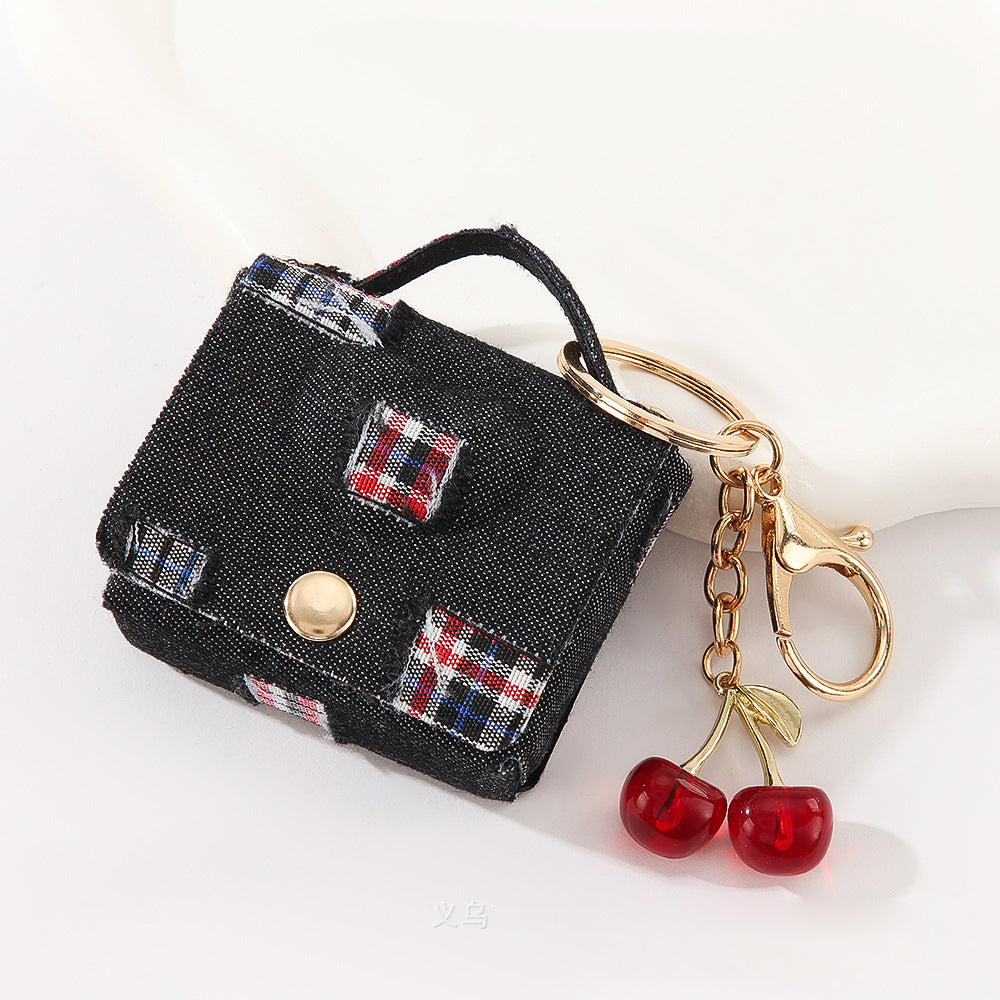 Wholesale Customizable Denim & Leather Bag Charms - Cherry Embroidery, Striped Design, Unisex Bulk Order