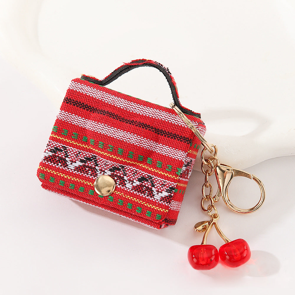 Wholesale Customizable Denim & Leather Bag Charms - Cherry Embroidery, Striped Design, Unisex Bulk Order