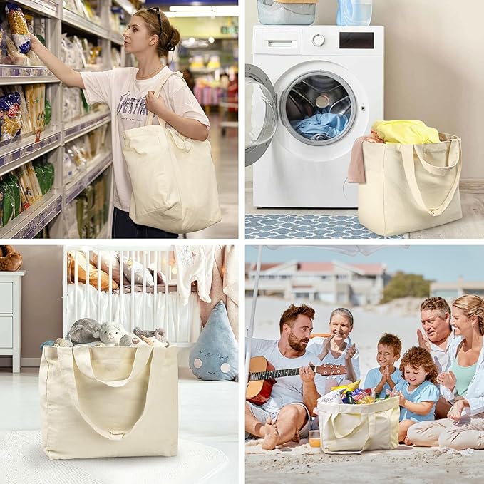 LAPOLAR Reusable Canvas Grocery Bags with Dual Handles, 3pc XL Set, Inner Pockets, Washable, Shrink Resistant, Heavy Duty, Foldable