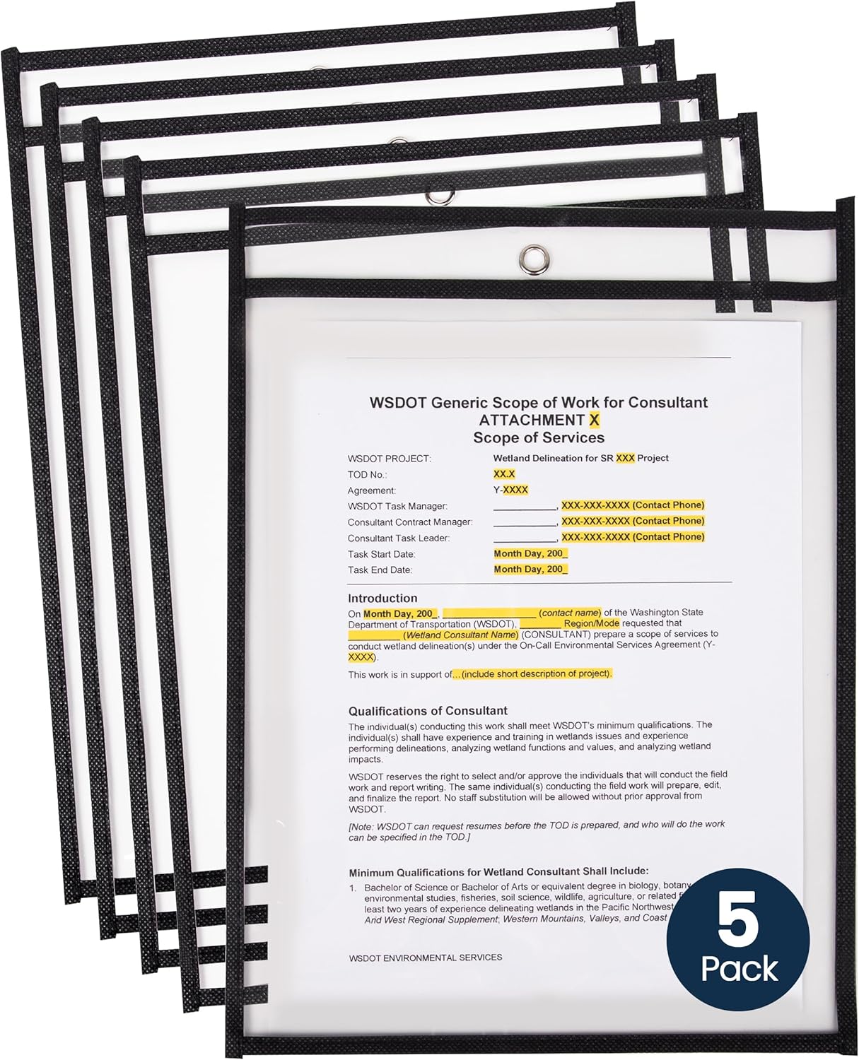 LAPOLAR Ticket Pouches - 5 Pack, Black, Job Ticket Holders, 10" Wide x 13.5" Tall - Clear Plastic Shop Ticket Holders - Easy to Use, Reusable & Easy Erase Plastic Invoice Holders, Water-Resistant & Durable