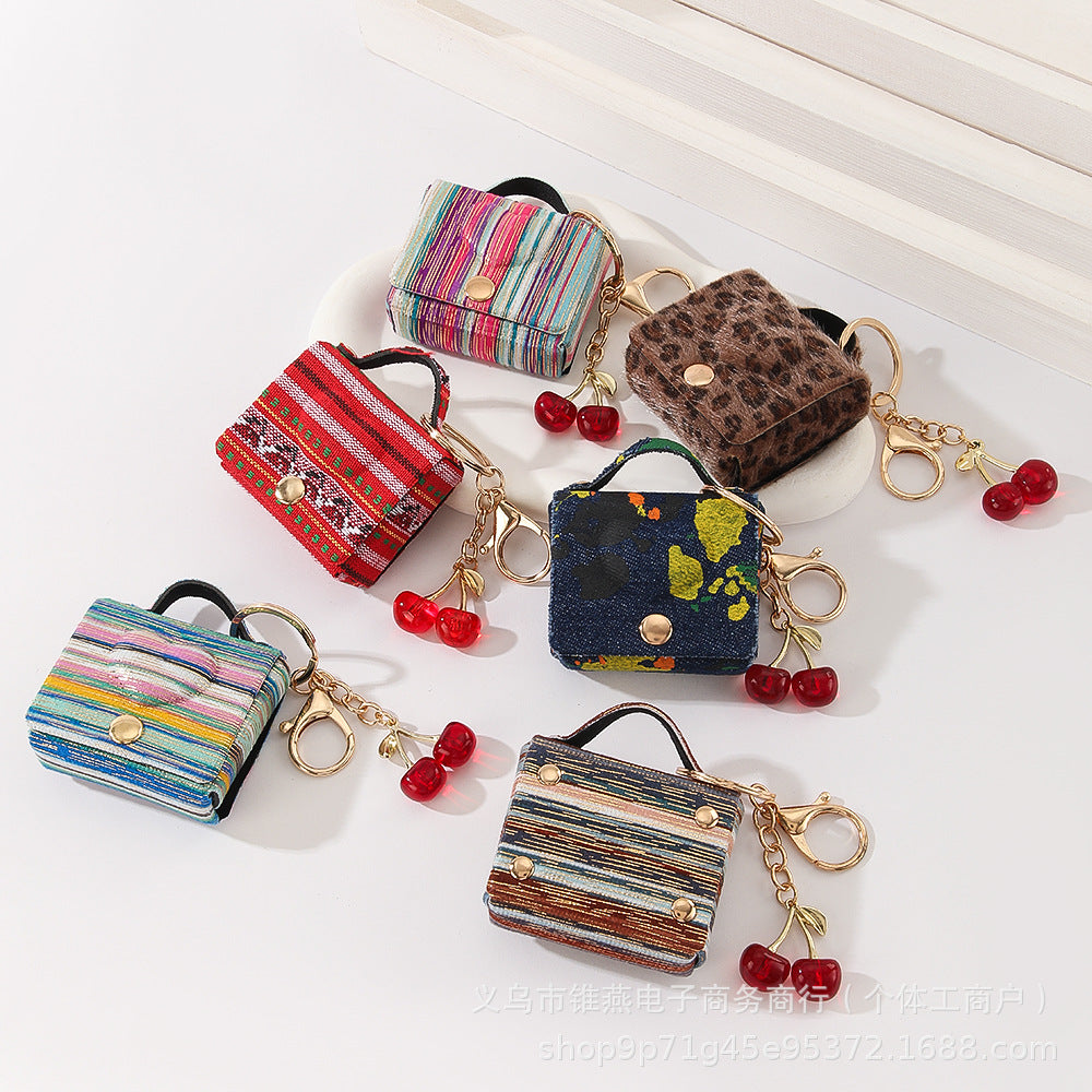 Wholesale Customizable Denim & Leather Bag Charms - Cherry Embroidery, Striped Design, Unisex Bulk Order