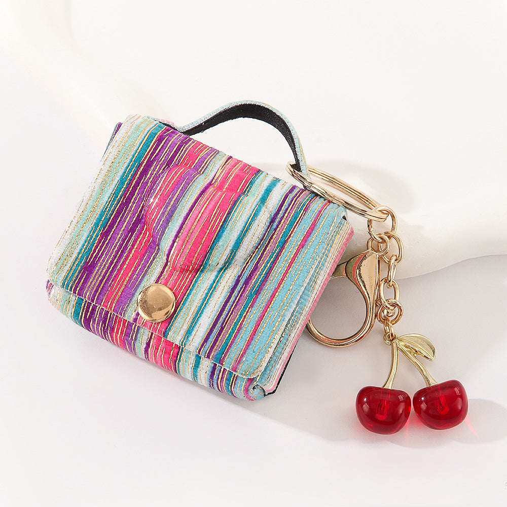 Wholesale Customizable Denim & Leather Bag Charms - Cherry Embroidery, Striped Design, Unisex Bulk Order
