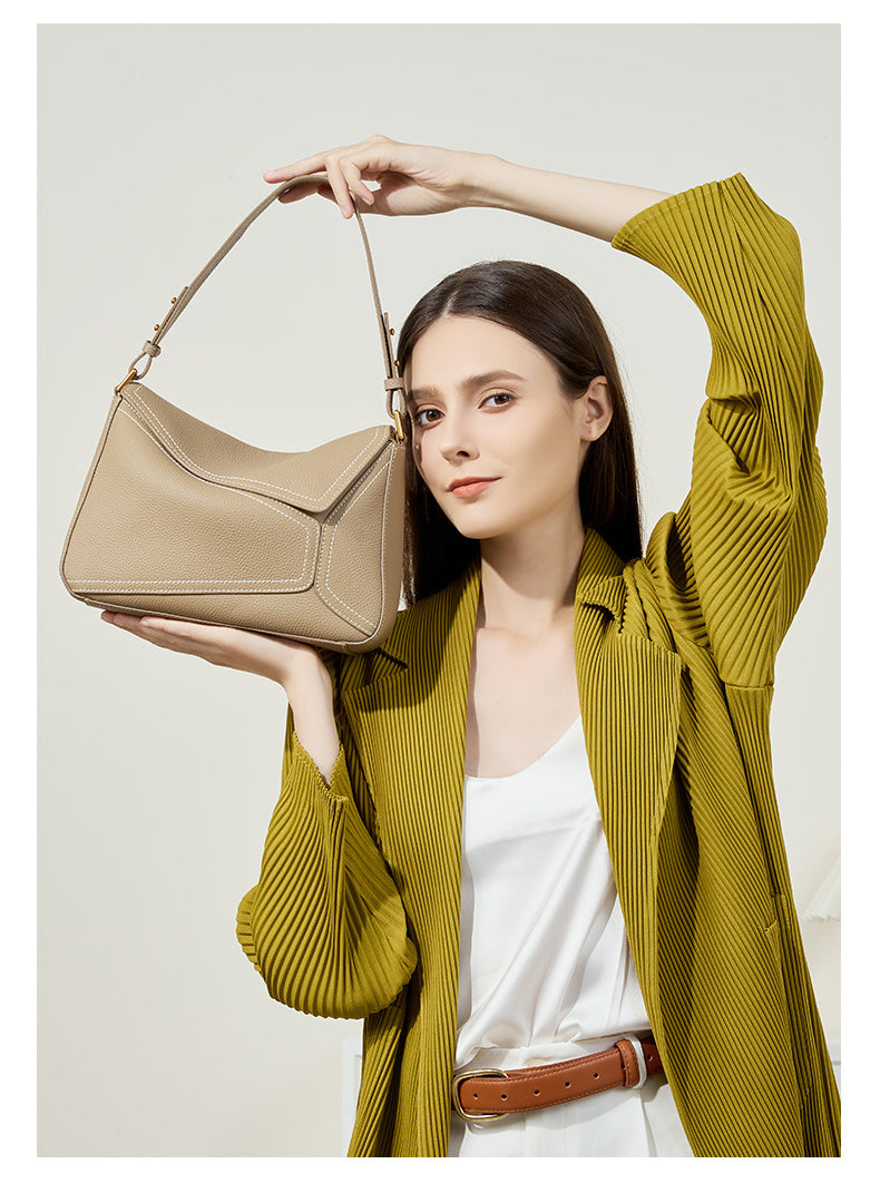 Bag for Women 2025 New Single Shoulder Underarm Bag Geometric Bag for Women Genuine Leather Pillow Cover Layer Leather Crossbody Commuter Bag
