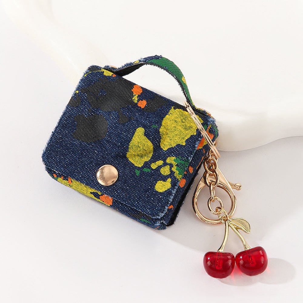 Wholesale Customizable Denim & Leather Bag Charms - Cherry Embroidery, Striped Design, Unisex Bulk Order
