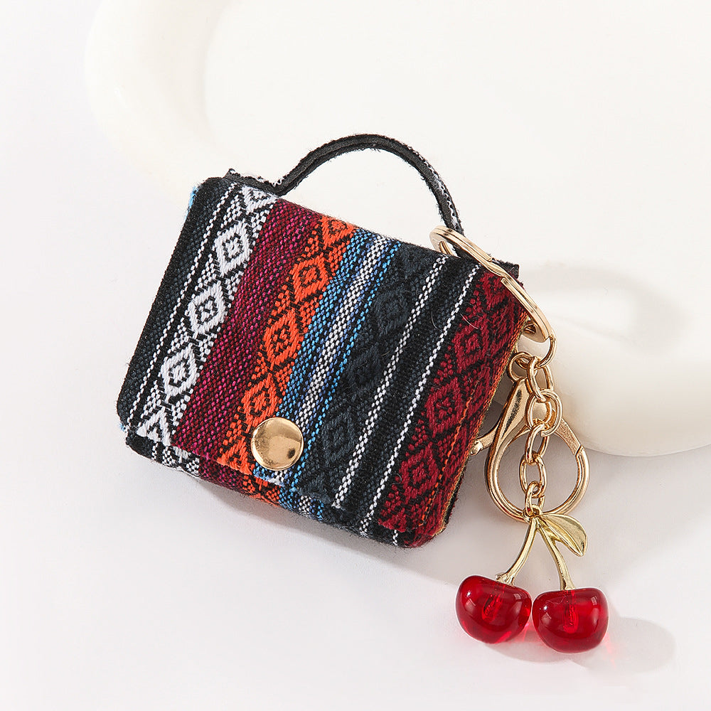 Wholesale Customizable Denim & Leather Bag Charms - Cherry Embroidery, Striped Design, Unisex Bulk Order